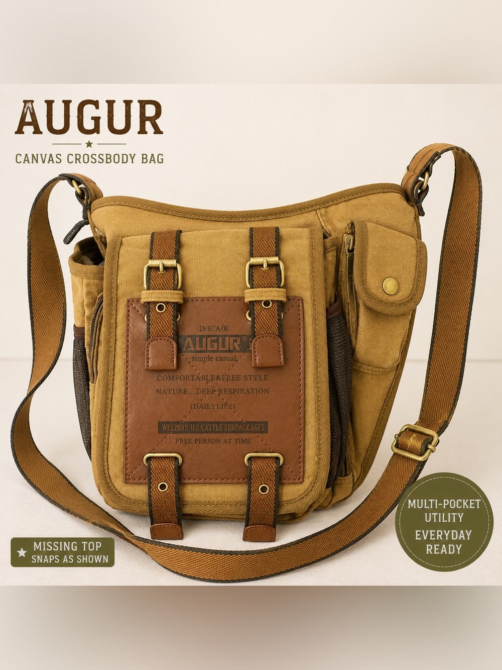 Augur Canvas Utility Crossbody Bag Tan Brown Multi Pocket Adjustable Strap